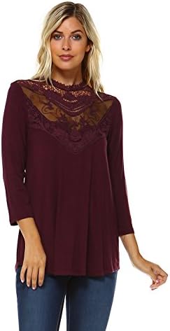 Women's 3/4 Sleeve Solid Slub with Lace Elegant &amp; Comfortable ... (Large)
