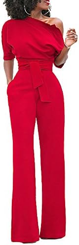 Cheeryme Womens Sexy One Off Shoulder Jumpsuits Belted Loose Long Wide Leg Jumpsuit Romper