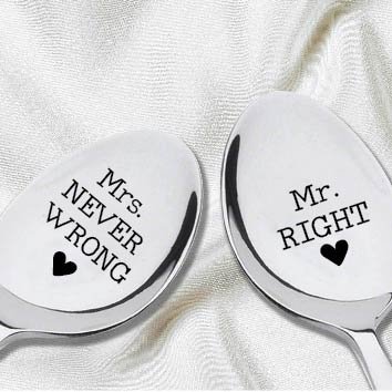 Mr Right Mrs Never Wrong-Engraved Spoon-Wedding Gift -Anniversary Gift-Cutlery Pair Of Spoons-Wedding Keepsake-Memento-Bride To Be