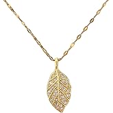 Elegant Gold Leaf Pendant Necklace with Cubic Zirconia Crystals, 18K Gold Plated Chain, Nature-Inspired Design for Women