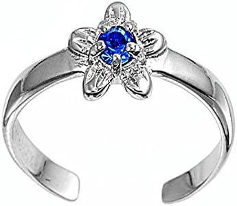 Sterling Silver Fancy Blue Sapphire Flower Simulated Diamond Toe Ring, Face Height 7 MM