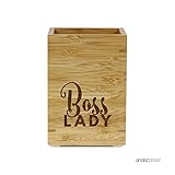Andaz Press Engraved Office Pen Stand Holder Gift, Boss Lady, 1-Pack, Bamboo Wooden Mother's Day Grandma Nana Gifts