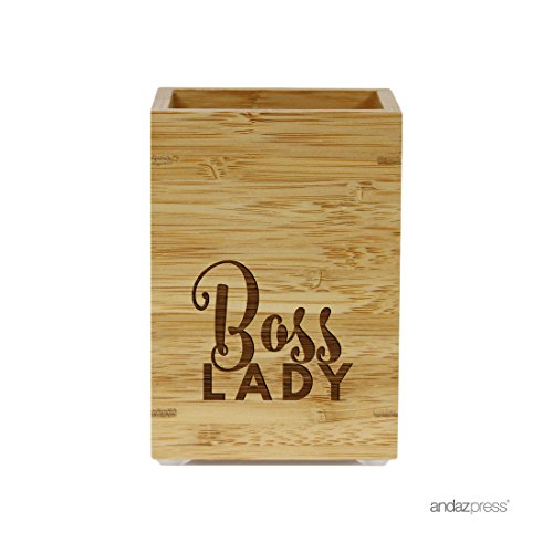 Andaz Press Engraved Office Pen Stand Holder Gift, Boss Lady, 1-Pack, Bamboo Wooden Mother's Day Grandma Nana Gifts