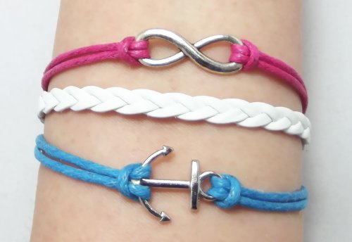 Made in USA Infinity Anchor Charm White Bracelet (Rose white and blue)