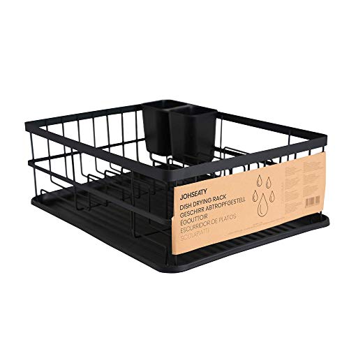 JOHSEATY Égouttoir à Vaisselle en métal Noir Mat (42 x 31,5 x 15,5 cm) - Égouttoir à Vaisselle sur évier avec Porte-Couverts et bac d'égouttage en Plastique pour Le Rangement