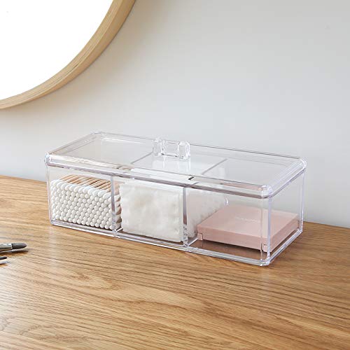 sooyee - organizador rectangular de algodón para bolas y hisopos con tapa, a prueba de polvo, impermeable, acrílico transparente, contenedor de almohadilla de algodón de 3 compartimentos para hisopos de algodón, hisopos, toallitas de maquillaje, cosmético