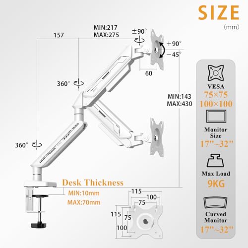 ETHU Single Monitor Arm, Adjustable Gas Spring Monitor Stand for 13-32 inch Monitor up to 9kg, Full Motion Computer Monitor Mount, LED/LCD Display Arm with VESA Pattern 75x75/100x100 Single Arm White