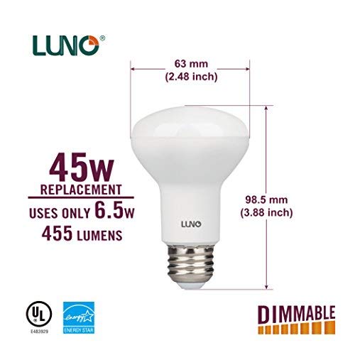 LUNO R20 Dimmable LED Bulb, 6.5W (45W Equivalent), 455 Lumens, 2700K (Soft White), Medium Base (E26), UL & ENERGY STAR (4-Pack)