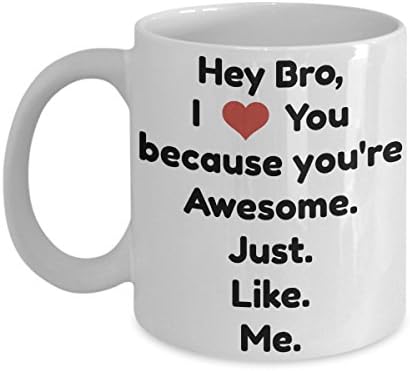 Brother Coffee Mug-Hey Bro, I Heart You because You're Awesome. Just like Me-Brother Gifts From Sister Funny Cheap-Perfect Novelty Gift Ideas for all occasions. (11oz)