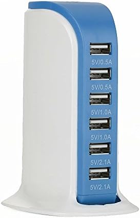 USB Charger 6 Port 3 Feet Cord Socket, Universal 6A 30W Portable Hub Desktop Wall Charging Multi Ports Rapid Adapter Vertical Station (Blue)