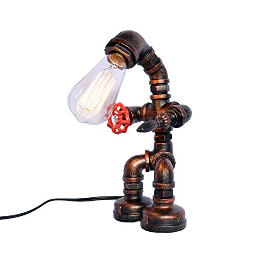 Lingkai Desk Table Lamp Industrial Retro Steampunk Desk Lights Rust Iron Robot Plumbing Pipe Light Table Light with Red Valve Handle and Switch