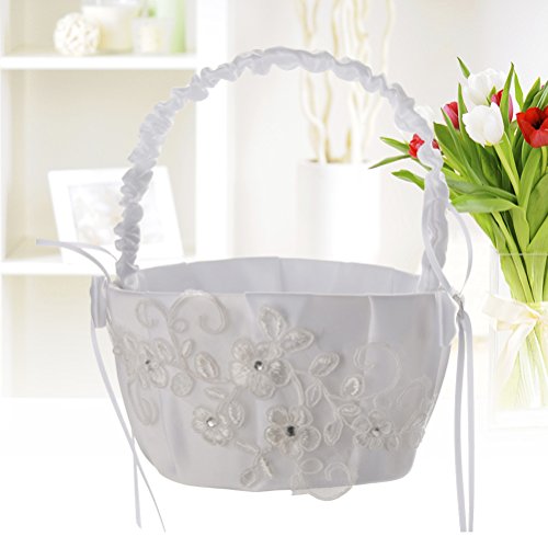 LUOEM White Embroidered Petal Wedding Flower Girl Basket Ceremony Party Lace Bowknot Portable Flower Girl Basket for Wedding Decoration(White)