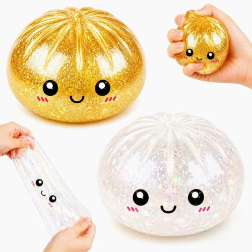 Giant Glitter Dumpling Squishy, Bao Bun Dumpling Mystery Dumplings Squishy with Steamer,Anti Anxiety Fidget Toys for Kids & Adults,Stress Relief Fidget Toy for Party Birthday Christmas(Gold + Silver)