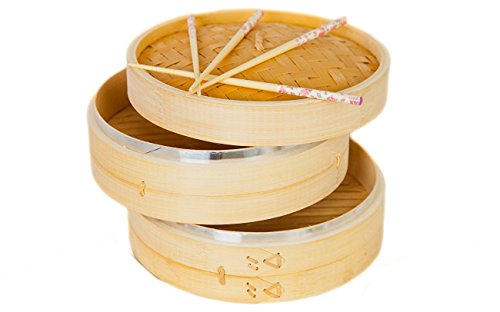 New Updated With Steel Rings! SKÖN Premium Bamboo Steamer + 2 Pairs Of Reusable Chopsticks + 50 Pcs Perforated Liners, Silicone Coated
