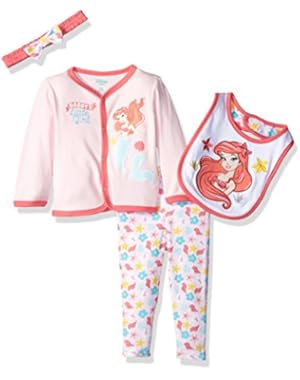 Baby Girls' Ariel the Little Mermaid 4-Piece Cardigan, Pant, Bib, and Headband Set