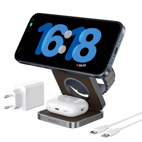 KU XIU X40 3-in-1 Induktive Ladestation – Kabelloses magnetisches Ladegerät, Faltbares Reiseladegerät für iPhone 17–12 Serie, iWatch Serie 11–4/SE/Ult