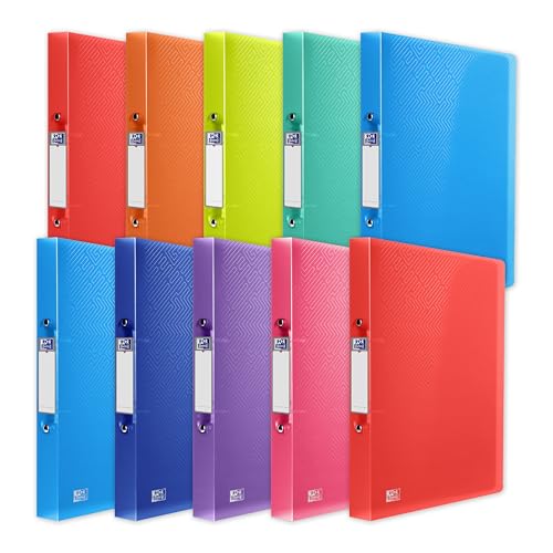 Oxford A4 Ring Binders, 10-Pack, Lightweight Flexible Plastic Folders, 40 mm Spine Holds Up to 250 Sheets, Durable Wipe-Clean Covers, Assorted Colours