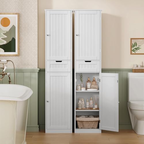 FIONESO 67" Tall Bathroom Cabinet, Storage Cabinet with Drawer & 2 Adjustable Shelves, Bathroom Storage Cabinet with 2 Doors, Floor Cabinet for Living Room, Bathroom, Home Office, Entryway, White