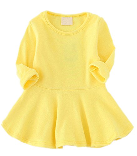 GSVIBK Baby Girls Cotton Dress Toddler Infant Ruffles Cotton Dresses Long Sleeve Solid Ruffle Dress Yellow 476 98