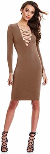 NOMENI Women Long Sleeve Cross Bandage Party Dress Slim Pencil Bodycon Vestidos (L, Khaki)