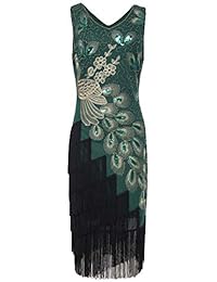 BABEYOND Vestido vintage de pavo real, lentejuelas, con flecos, vestido de fiesta de los años 20