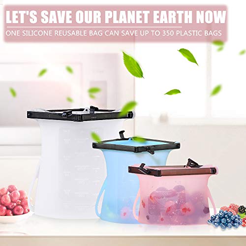 Silicone Reusable Food Storage Bag, 100% Stand-Up, Innovative Leak Proof and Space Saving Design, 3 Packs, Clear/Pink/Sky Blue - Thumbnail 6
