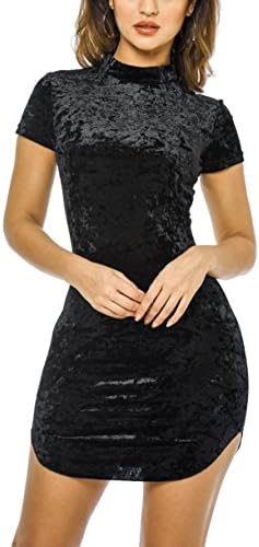 Dreamtravel Womens Short Sleeve Turtleneck Velvet Mini Bodycon Pencil Dress