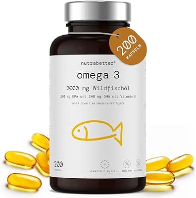 Omega 3 Kapseln 2000 mg | 200 Softgels | 600 mg reines Omega-3 + Vitamin E | Geprüfte Qualität | Hochdosierte Omega 3 Fettsäuren für Herz, Gehirn & Blutdruck | nutrabetter®