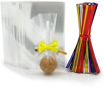 200 Clear Treat Bags with 200 Pcs Twist Ties 20 Bowknot 5 Colors，Clear Cellophone Bags Party Favor Bags for Lollipop Cake Pop Candy Buffet Chocolate Cookie Wedding Supply (2.3'' x 4'')