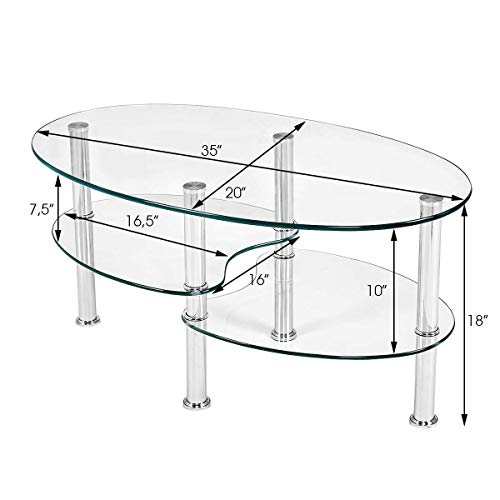 Tangkula Glass Coffee Table, Modern Furniture Decor 2Tier Modern Oval