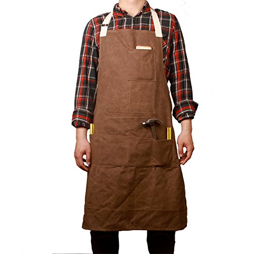 Hense Waxed Canvas Heavy Duty Workshop Apron Utility Tool Aprons, Multi-function Waterproof Bib Apron, 6 Pockets In Front, For Men & Women HSW-065(coffee)