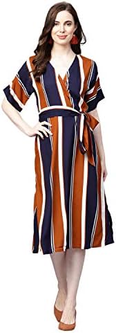 Femella Women's Navy Multicolor Striped wrap midi Dress