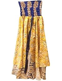 Women's 2 layer Long Skirts Yellow Vintage Silk Sari Smocked Dress