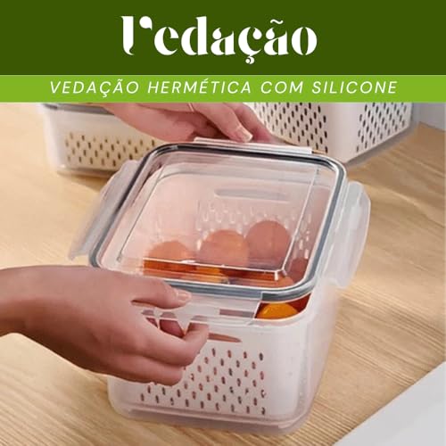 Kit 3 Potes Organizadores de Geladeira Hermético com Trava nas Tampas Borracha Isolante e Cesto de Escorrer Removível - Organizador de Frutas Legumes Saladas - Sem BPA - Qualidade Premium - Shop100