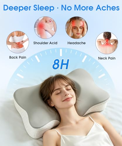 Memory Foam Pillow, Ergonomic Orthopedic Pillow for Neck and Shoulder Pain Relief, 2 Heights Cervical Support Pillow for Side/Back/Stomach Sleepers, Cooling Pillow with 2 Washable Covers(Grey & Blue)
