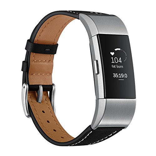 MoreToys Genuine Leather Adjustable Replacement Accessory Sport Watch Band Wrist Strap Bracelet for Fitbit Charge 2 Fitness Wristband (Black)
