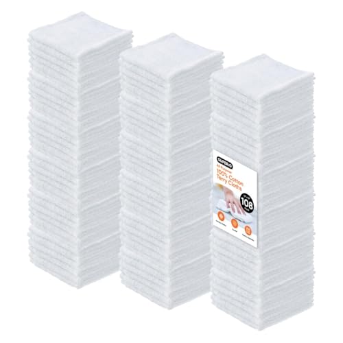 Superio Terry Cloth Rags White Washcloths 100% Cotton 12" Cleaning Cloths, Kitchen Towels, Facial Washcloth, Spa Cloths, Hand Towel, Small Lint Free Rags for Multi-Purposes, 108 Pack