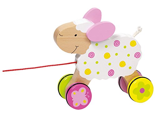 goki 54932 Ziehtier Schaf Suse Susibelle aus Holz, Nachzieh-Spielzeug mit Tiermotiv, Lernspielzeug inklusive Schnur, Babyspielzeug fördert Koordination und Motorik, 17cm x 5cm x 14cm, ab 1 Jahr