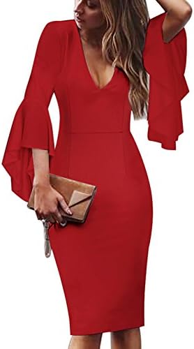 Iyasen Womens Summer Elegant 3/4 Flare Bell Sleeve V Neck Wear to Work Party Cocktail Sheath Dress