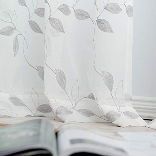 Haperlare Sheer Curtains, Room Decorative Voile Grommet Sheer Curtain Panels Floral Embroidered Semi Sheer Window Drapes for Bedroom, 52 x 95 Inch, 2 Panels, Gray Embroidery