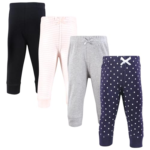 Hudson Baby Girls Cotton Pants and Leggings, Navy Dot Pink Stripe, 6-9 Months
