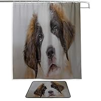 RH Studio Shower Curtain Set of 2 Saint Bernard Dog Puppy Muzzle Mat Set Waterproof Fabric Bathroom Curtain and Rug Set with Hooks