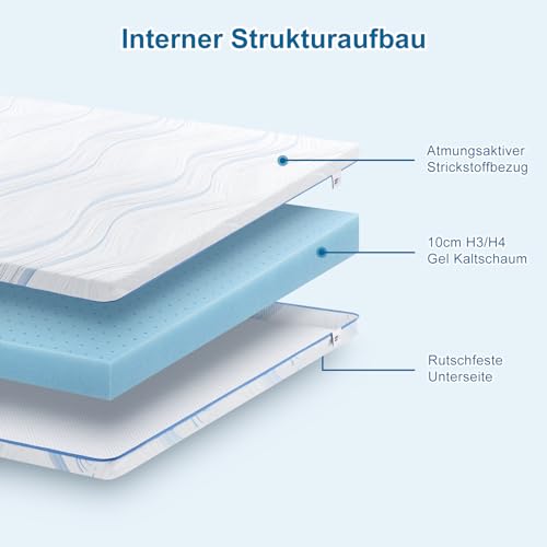 BedStory Topper 160 x 200 cm H3/H4 10 cm High Gel Cold Foam Mattress Topper | For bed, box spring bed, sofa bed and caravan, washable cover, double slip resistance, Oeko-Tex Standard 100.