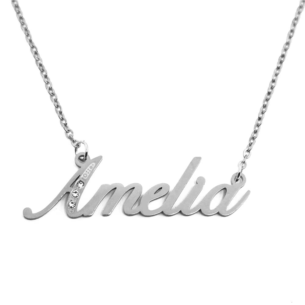 Kigu Name Necklace Amelia - Silver Tone - Custom Name Necklace - Personalised Jewellery for Ladies- Customised Jewellery for Girls- Custom Pendant Amelia