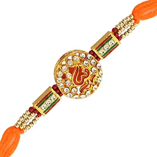 Red Religious Om Crystal Rakhi for Brother for Raksha Bandhan Indian Hindu Festival Handmade (Design2)