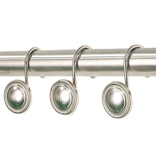 TENOVEL Never Rust Luxury Hotel Quality Zinc Alloy Decorative Rolling Round Shower Hooks, Rustproof Shower Curtain Rings, Glide Shower Curtain Hooks for Shower Liner, Brushed Nickel, Set of 12 Hooks