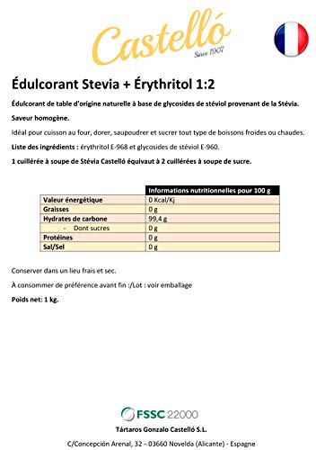 Stevia + Erythrit 1:2 SüÃstoff | 1g = 2g Zucker | 100% Natürlich schmeckender Zuckerersatz - 0 Kalorien - 0 Glykämischer Index - Keto und Paleo - 0 Netto-Kohlenhydrate - Castello since 1907-1 kg – Bild 7