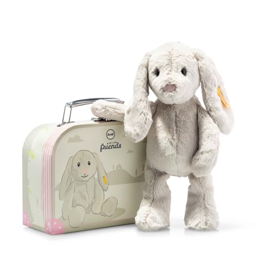 Steiff Hoppie Rabbit in Suitcase 10 inch light grey, Soft Cuddly Friends, Plush Bunny, floppy ears and safety eyes, Stuffed Animal for cuddling and playing, made of cuddly soft plush, machine washable