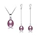 DIAMOVI Freshwater Cultured Genuine Pearls Jewelry Set With Necklace & Long Water Drop Earrings 925 Sterling Silver Plated -Stunning Wedding Bridal Jewelry-Luxury Style-(Purple)