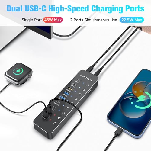 RSHTECH USB Powered Hub, 10 Ports USB C Hub That 3 Ports USB 3.2 to 10Gbps (2C+1A), 4 USB 3.0 Ports to 5Gbps (2C+2A), 2 Fast Charge USB-C Ports to 45W, PD 100W, Adapter 66W, RSH-ST10P